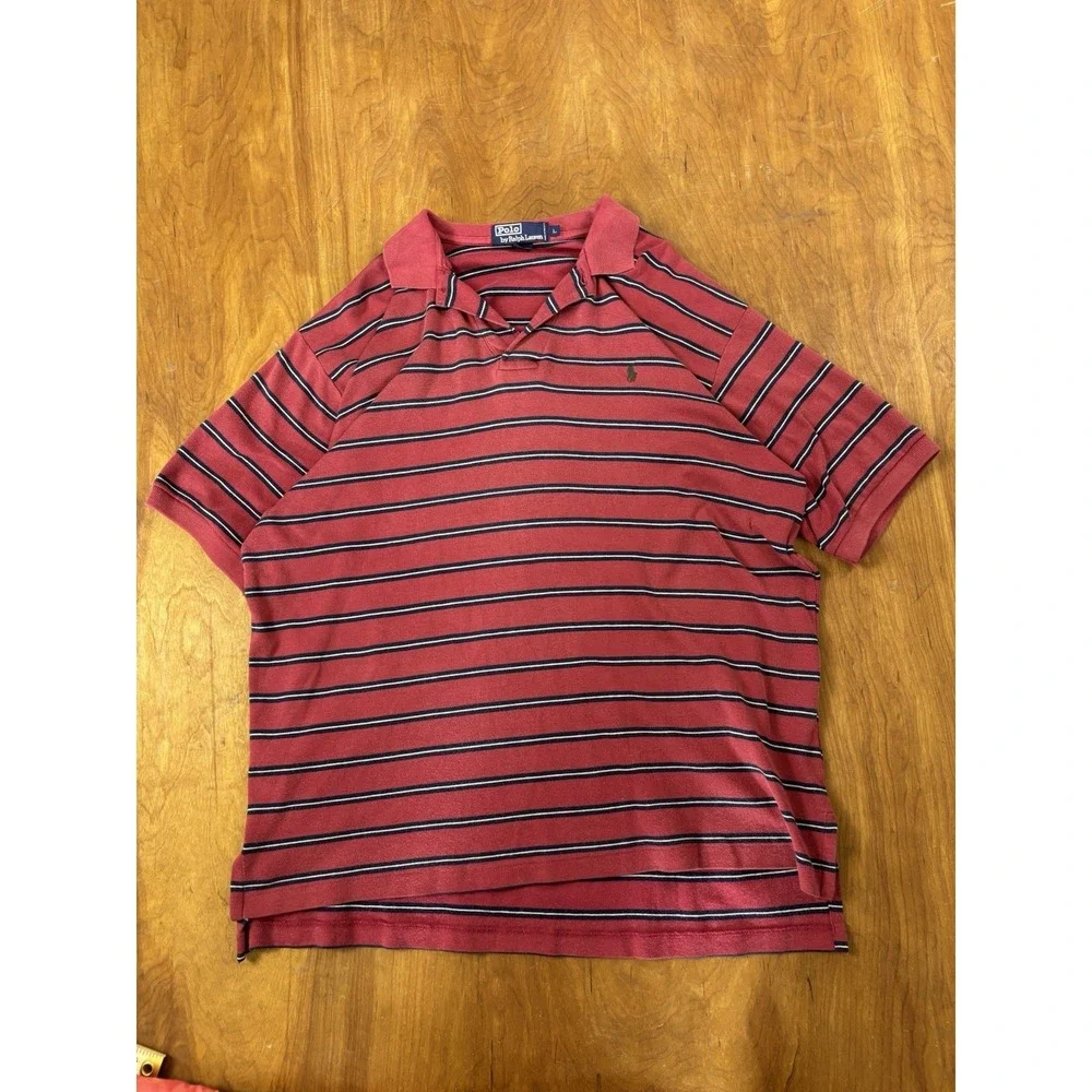 POLO Ralph Lauren Mens L Polo Shirt Red Navy Striped‎ Short Sleeve Preppy Vtg 90
